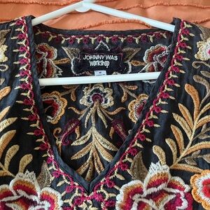Johnny Was Black Embroidered V-Neck Blouse with Gold and Red Floral Accents